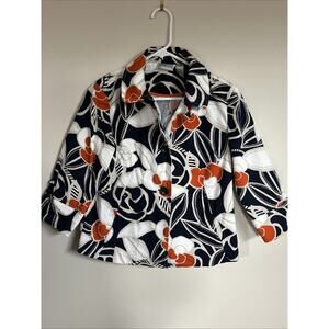Chico's Navy White Orange Floral Print Blazer Women's Size 0 Small 4-6
